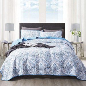 NEWLAKE Cotton Queen Bedspread Quilt reversible set, Blue Classic Royal